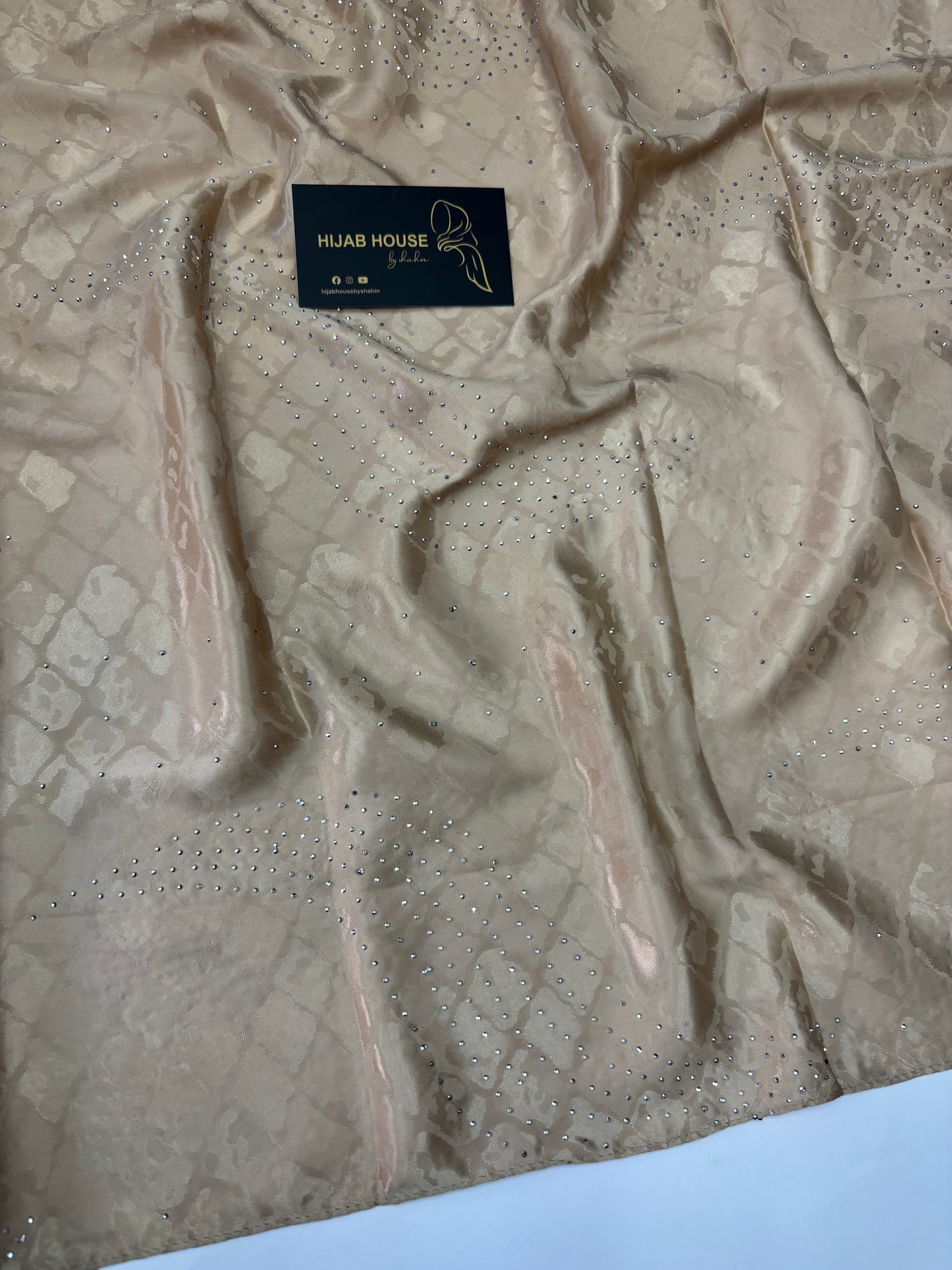 Satin Silk Fabric Hijab with Siver Crystal Work Gold Colour