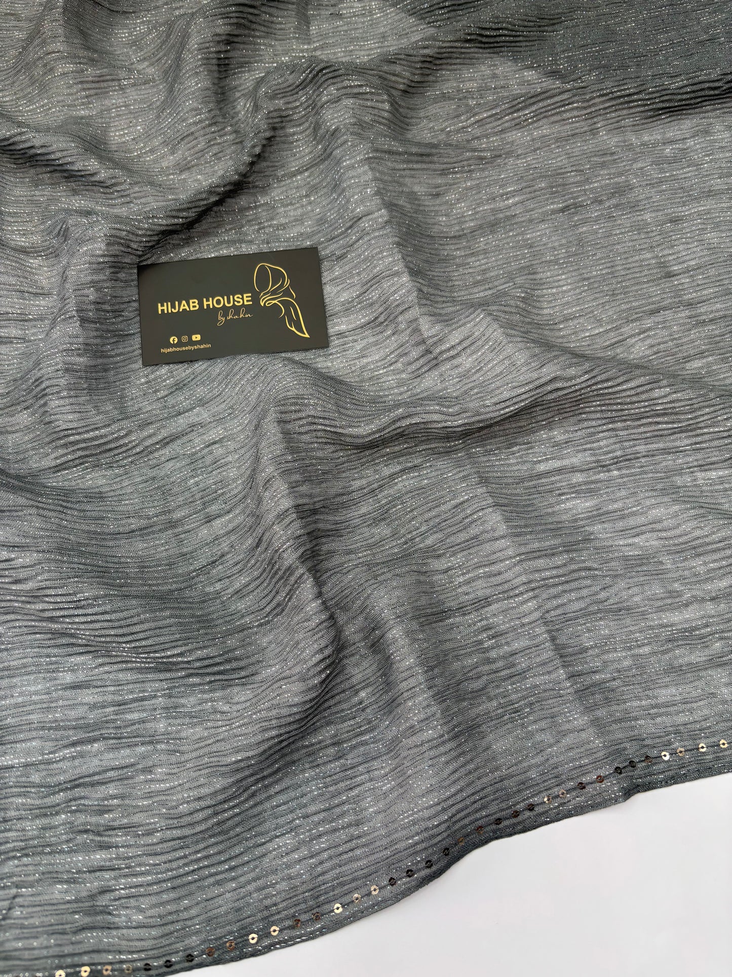 Cotton Pleated Fabric with Gold Shimmer Hijab Charcoal Grey