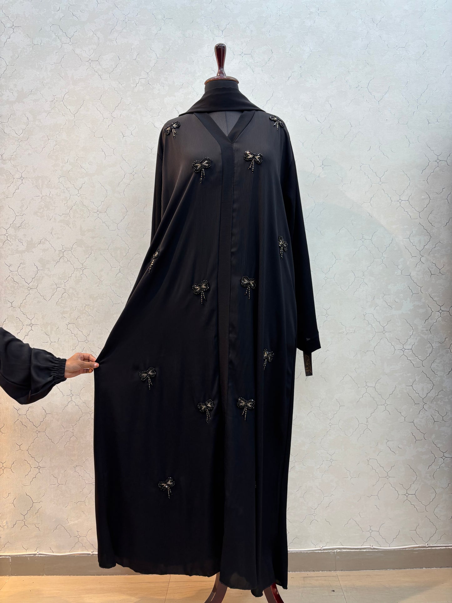 Handwork Imported Zoom Fabric Burkha With Beautiful Bow Design