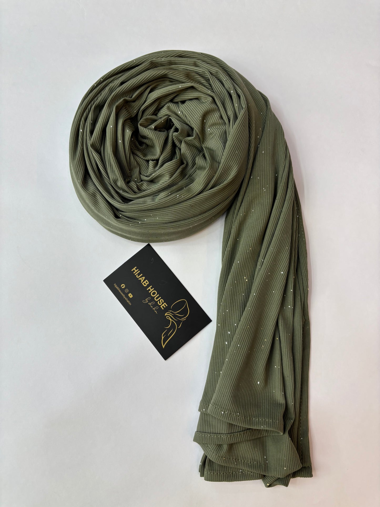 Ribbed Jersey Hijab with Shimmer Dots Olive Moss Green