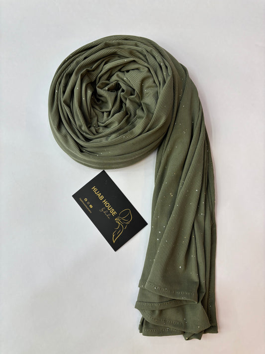 Ribbed Jersey Hijab with Shimmer Dots Olive Moss Green