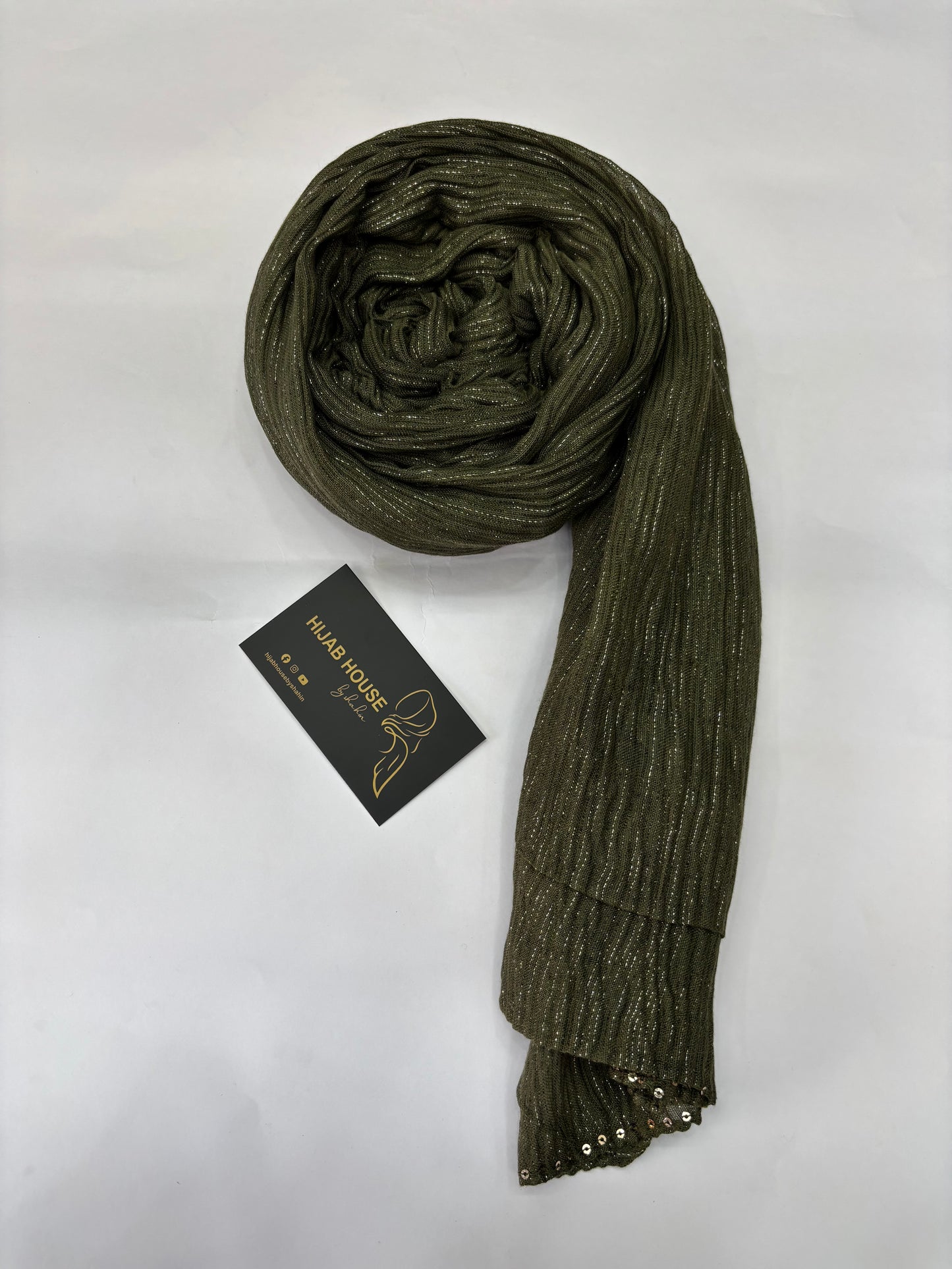 Cotton Pleated Fabric with Gold Shimmer Hijab Olive Green
