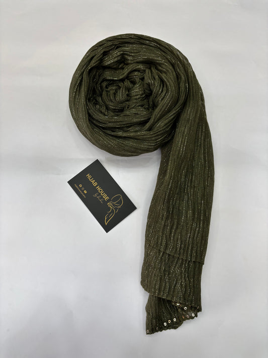 Cotton Pleated Fabric with Gold Shimmer Hijab Olive Green