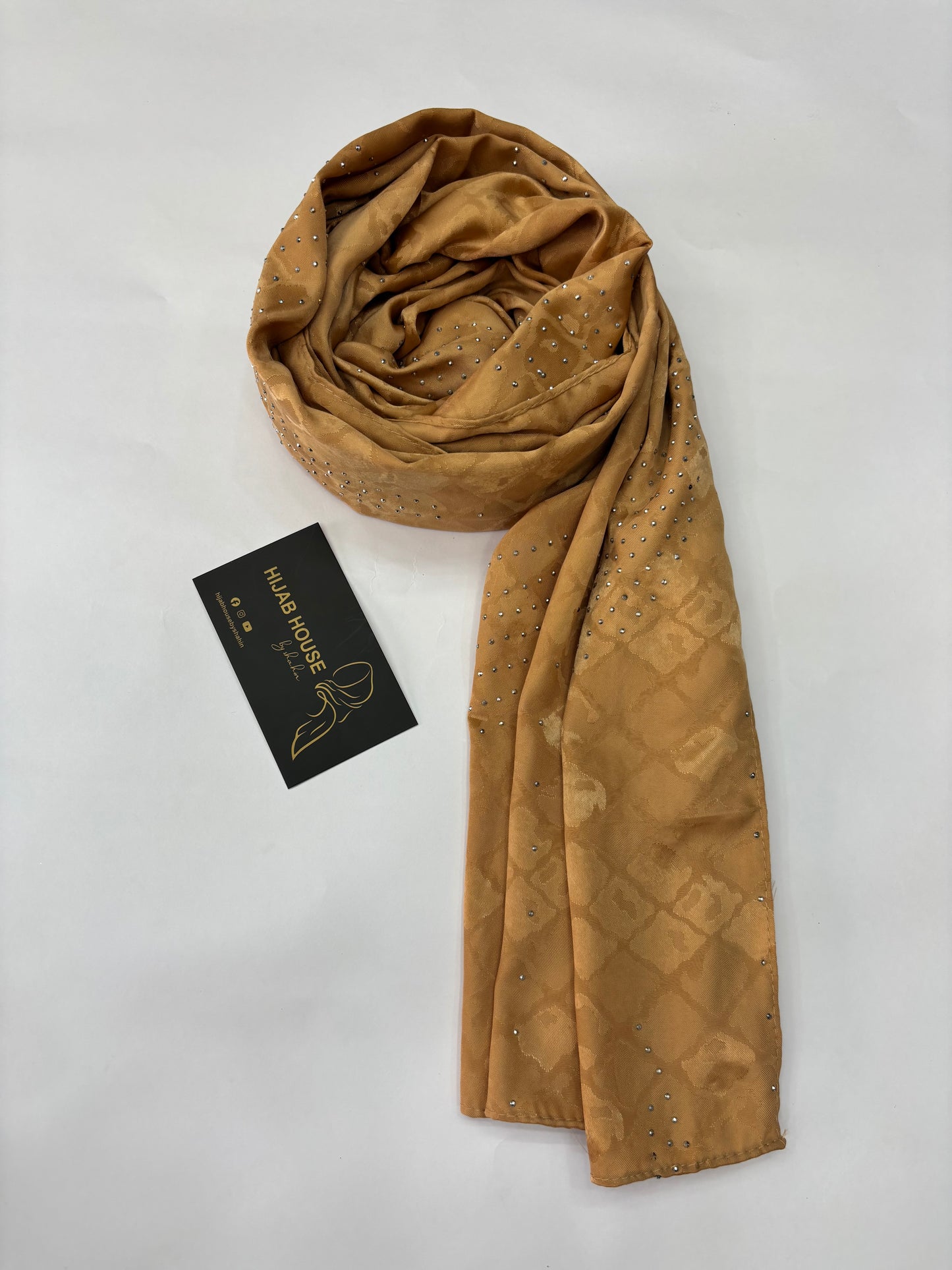 Satin Silk Fabric Hijab with Siver Crystal Work Mocha Brown