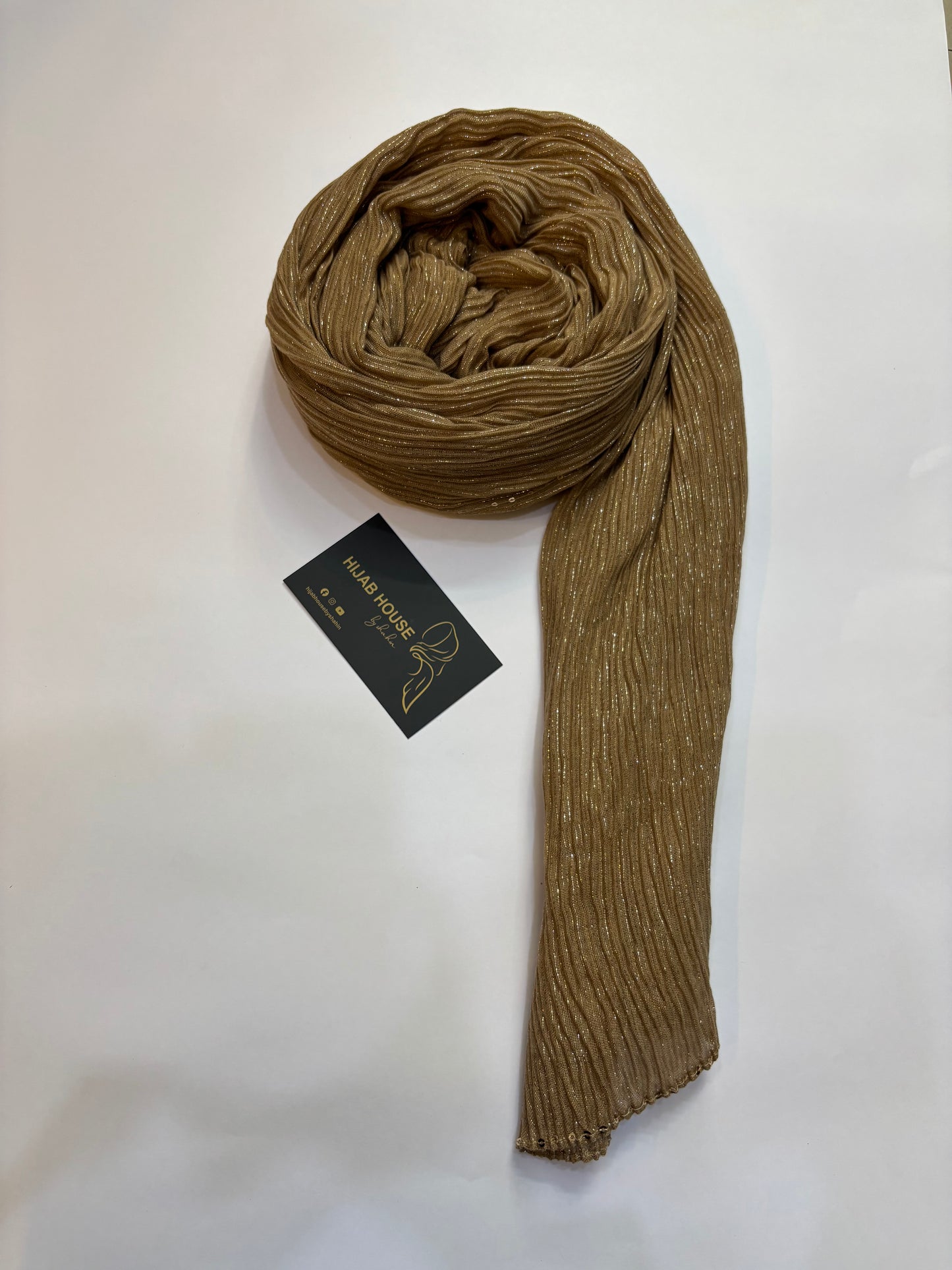 Cotton Pleated Fabric with Gold Shimmer Hijab Golden Brown