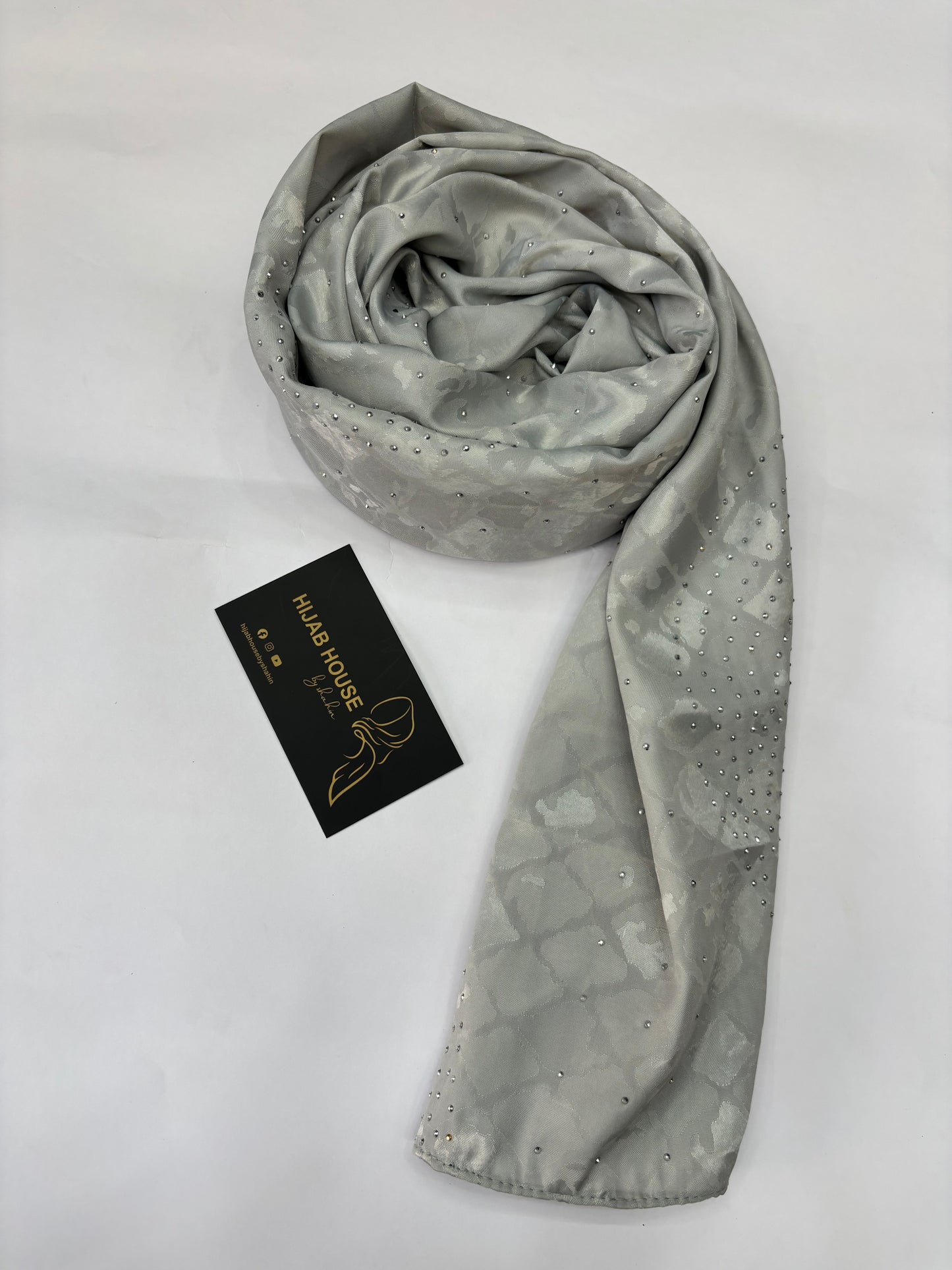 Satin Silk Fabric Hijab with Siver Crystal Work Muted Silver