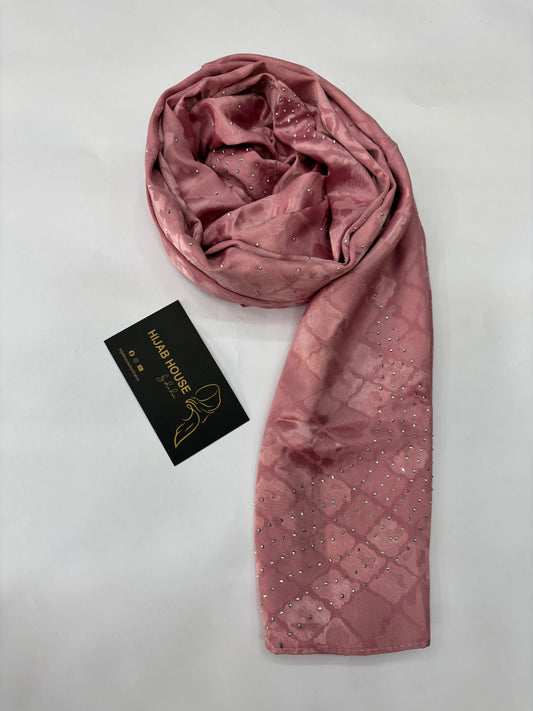 Satin Silk Fabric Hijab with Siver Crystal Work Rose Pink