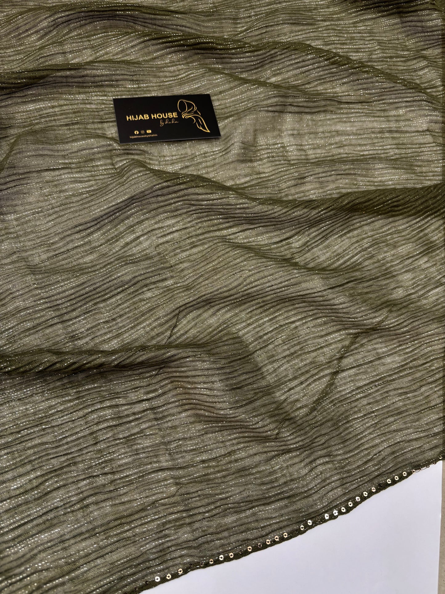 Cotton Pleated Fabric with Gold Shimmer Hijab Olive Green