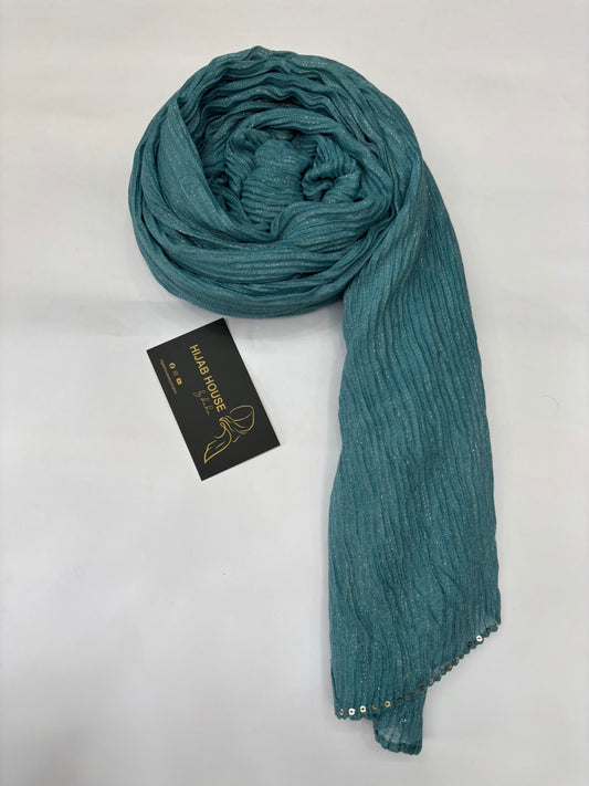 Cotton Pleated Fabric with Gold Shimmer Hijab Teal Blue