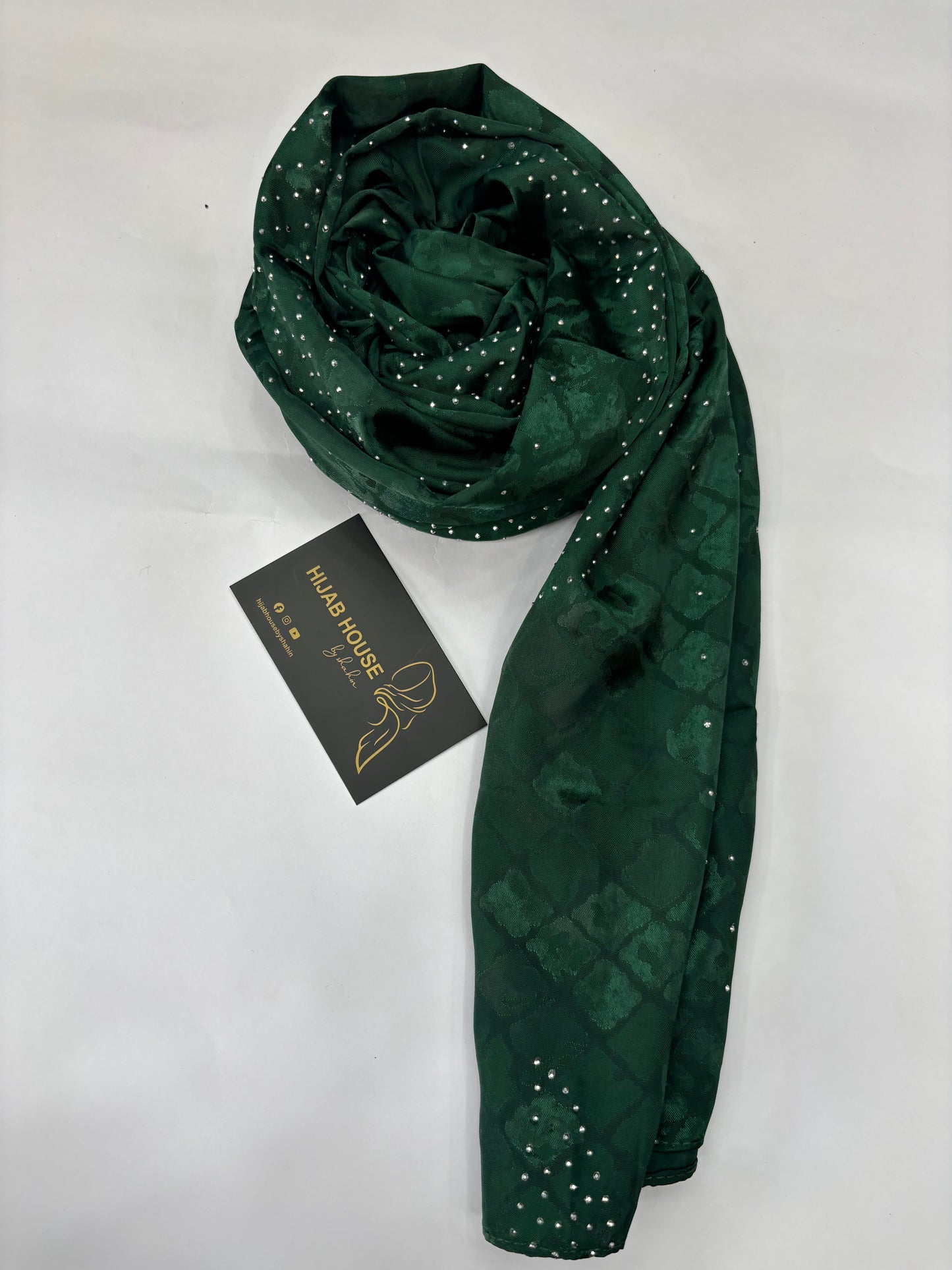 Satin Silk Fabric Hijab with Siver Crystal Work Bottle Green