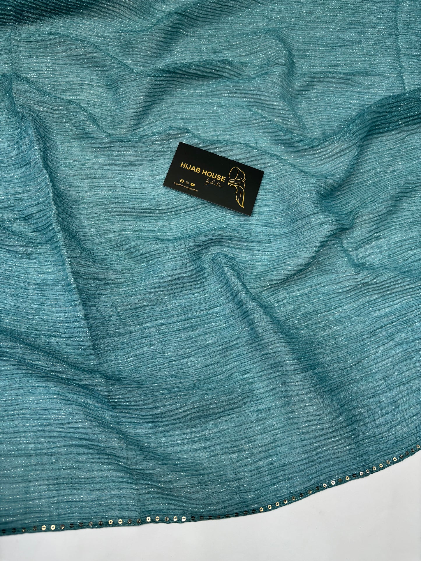 Cotton Pleated Fabric with Gold Shimmer Hijab Teal Blue