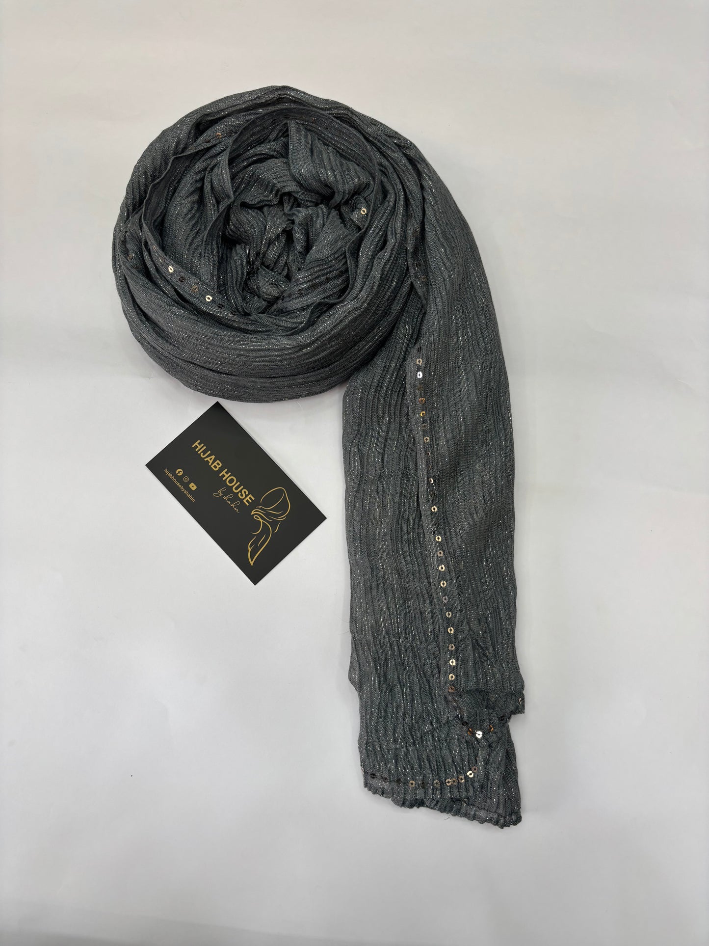 Cotton Pleated Fabric with Gold Shimmer Hijab Charcoal Grey