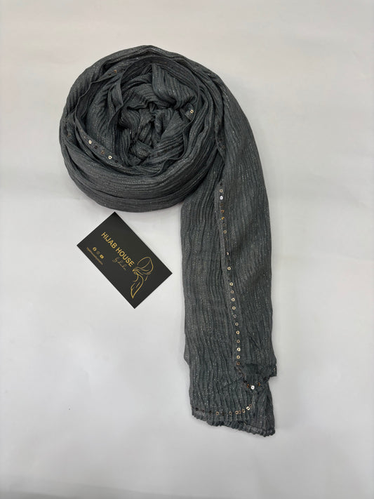 Cotton Pleated Fabric with Gold Shimmer Hijab Charcoal Grey