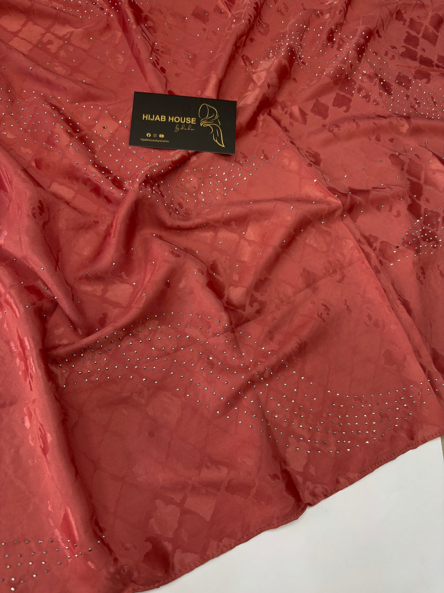 Satin Silk Fabric Hijab with Siver Crystal Work Brick Red