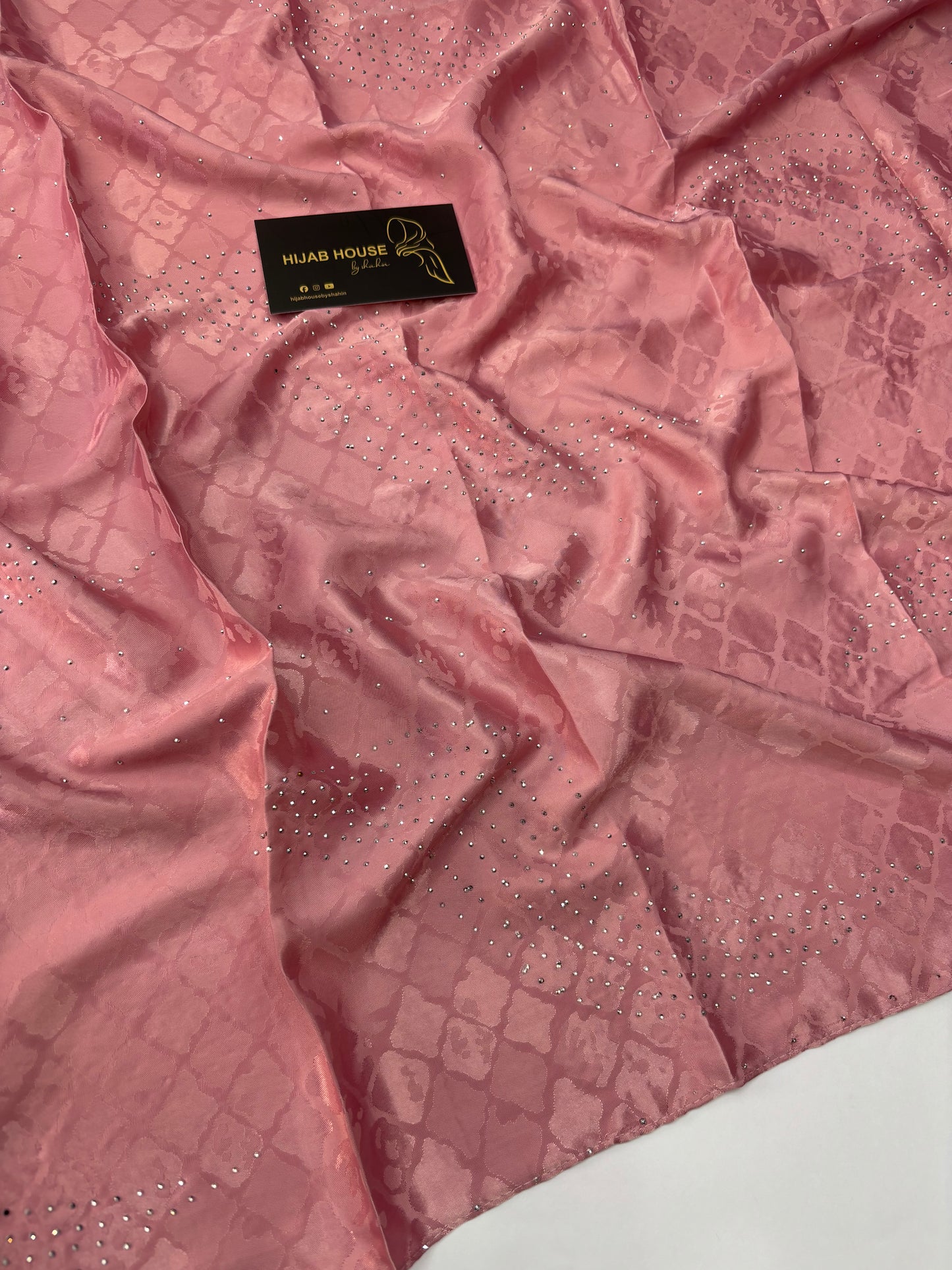 Satin Silk Fabric Hijab with Siver Crystal Work Rose Pink
