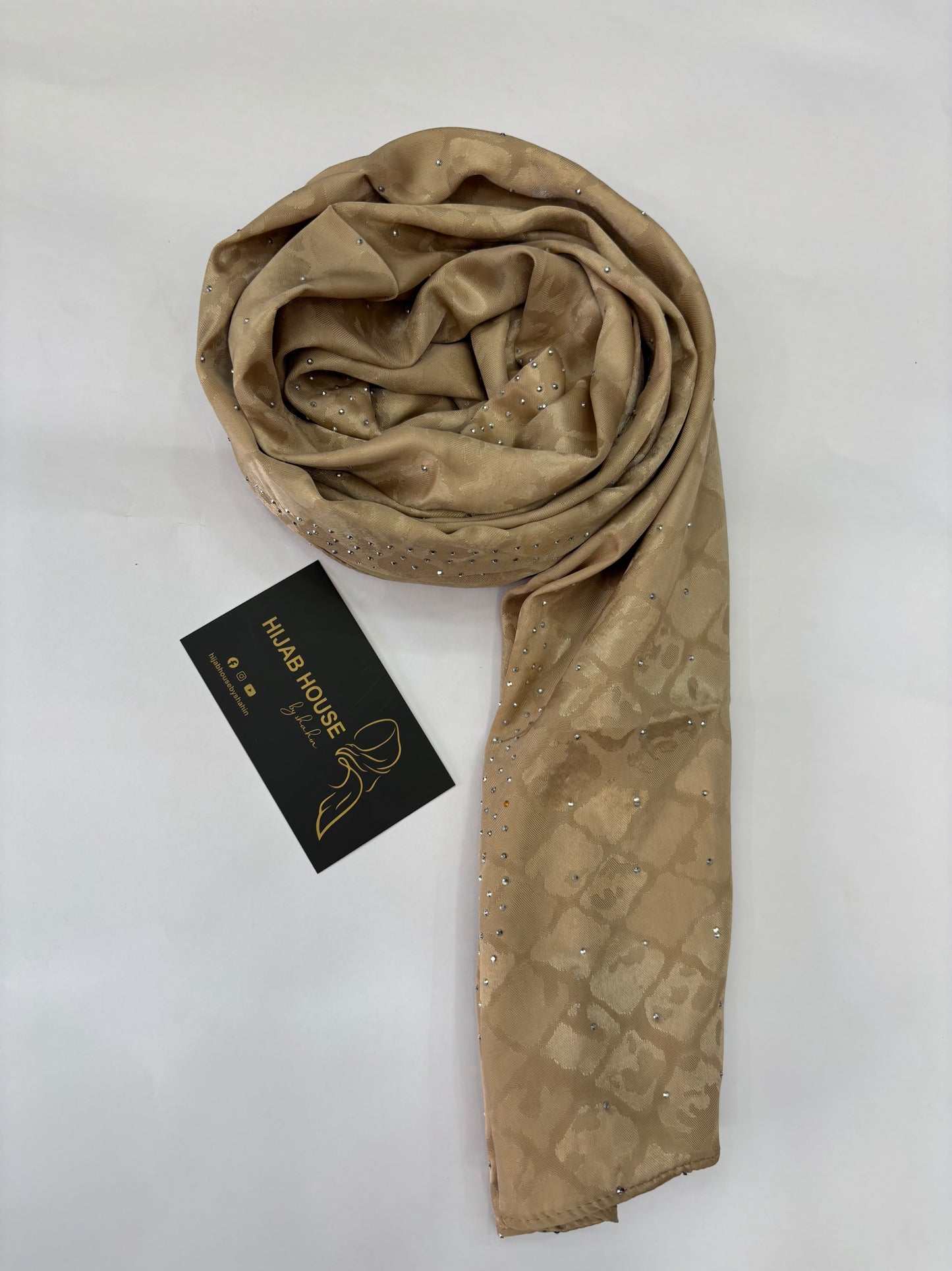 Satin Silk Fabric Hijab with Siver Crystal Work Gold Colour