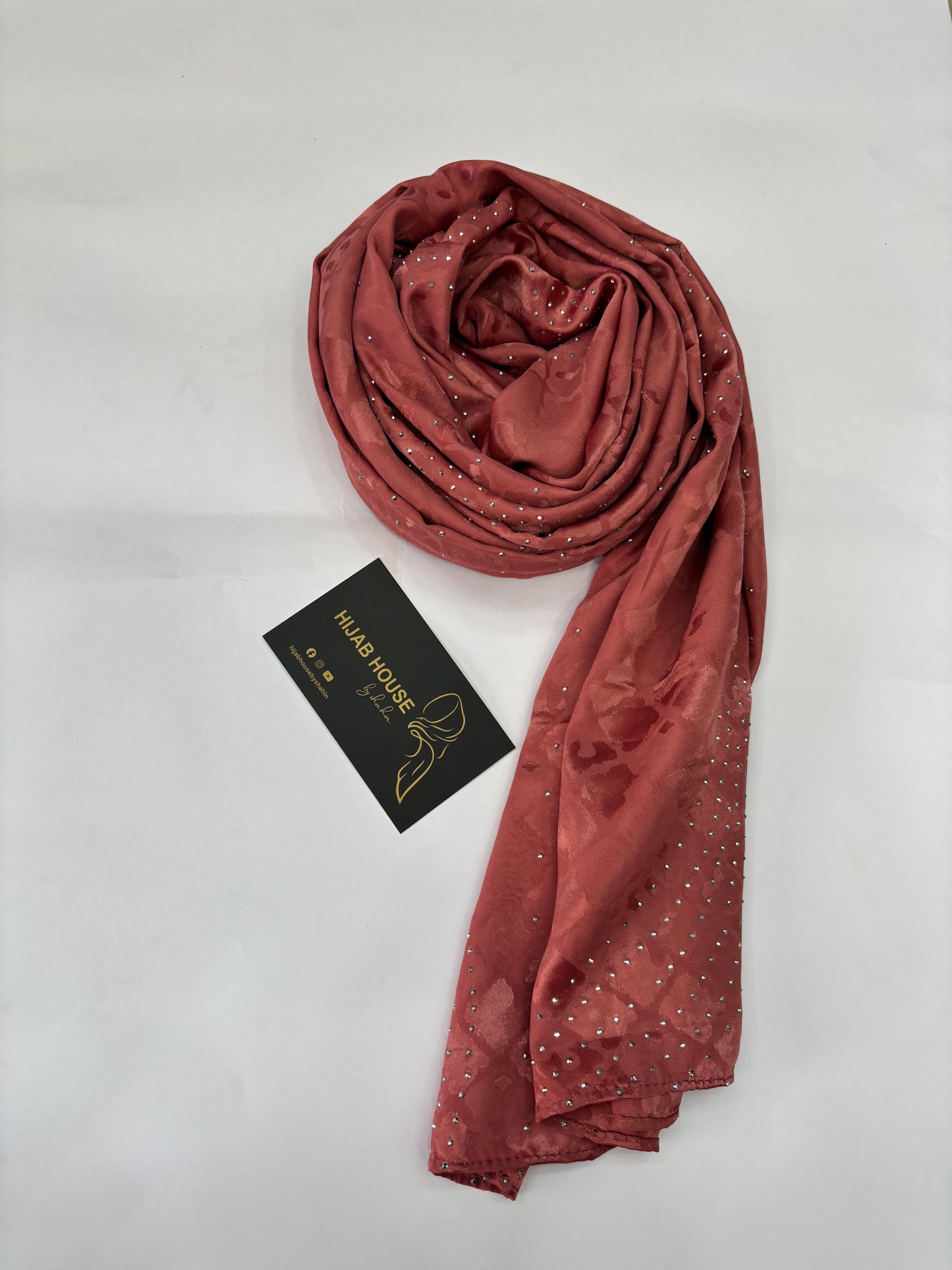 Satin Silk Fabric Hijab with Siver Crystal Work Brick Red
