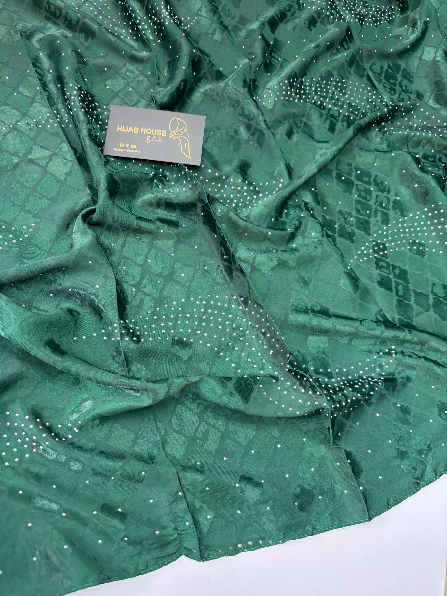 Satin Silk Fabric Hijab with Siver Crystal Work Bottle Green